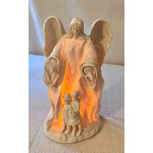 Vintage Lamp Light~ WHITE PORCELAIN GUARDIAN ANGEL with BOY & GIRL ~ 7.5" Tall